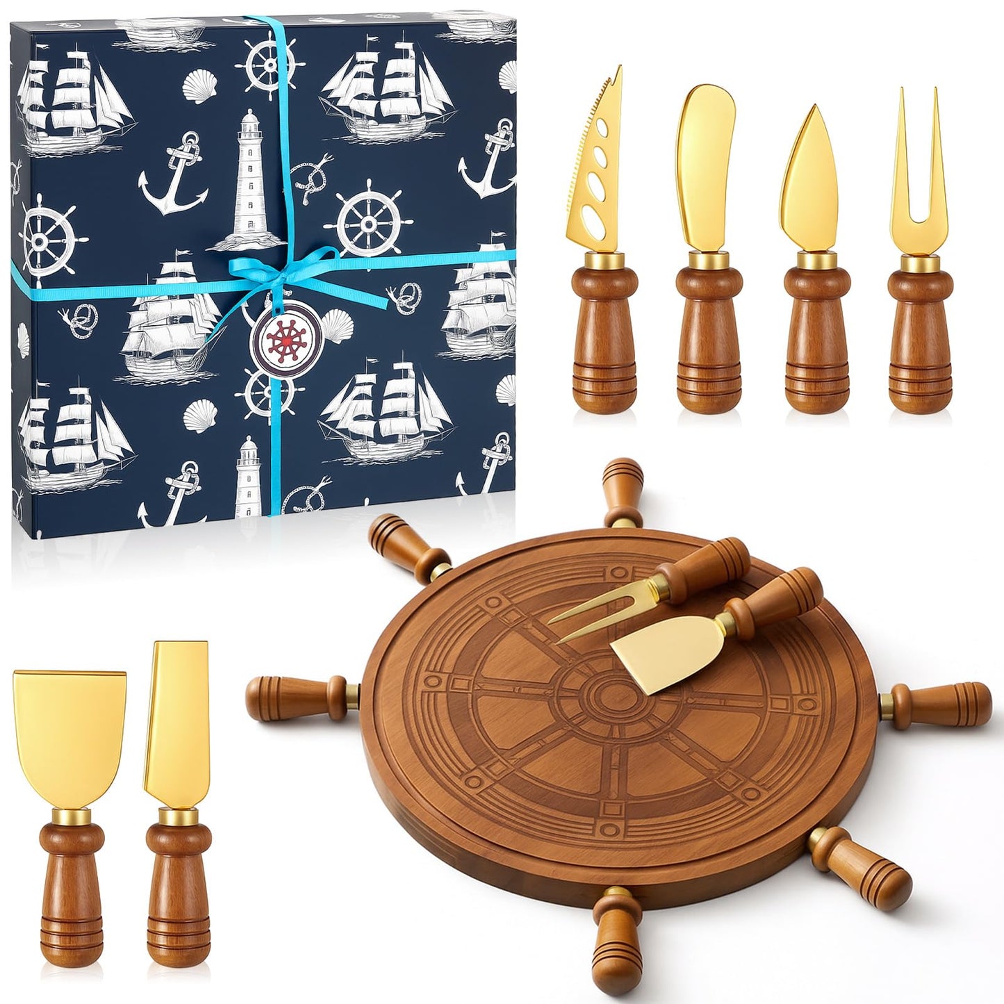 Ziliny Rudder Shaped Charcuterie Board Set Cutting and Cheese Board Wooden Platter with Knives and Forks Serving Trays Gift for Christmas Kitchen Food Fruit(Acacia)