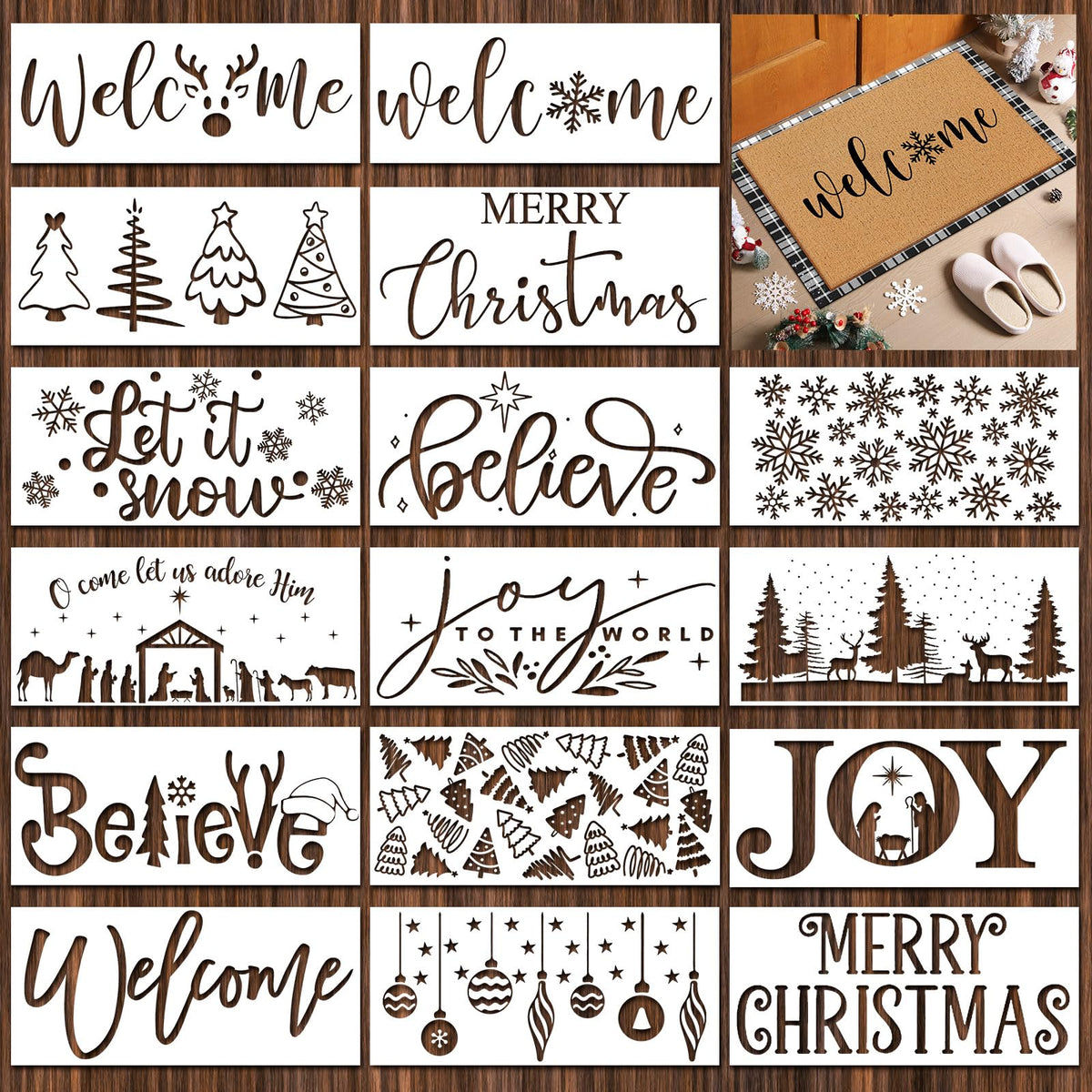 Dunzy 16 Pcs Christmas Stencils for Door Mats Crafts Reusable Merry Christmas Welcome Templates Large Stencil for Painting on Wood Sign Wall Doormat DIY Project