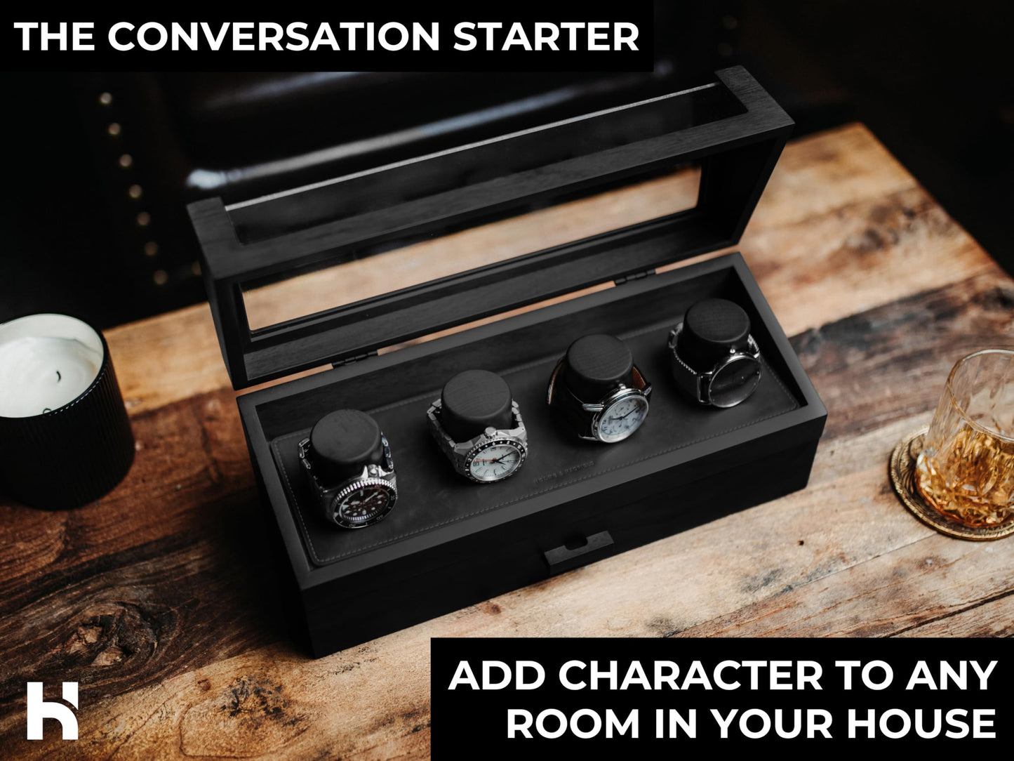 Premium 4 Slot Watch Box for Men (2026 Upgraded) – Wooden Watch Display Case with Hinged Wood Cover, Leather Lining & Drawer – Watch Organizer Stand – Handcrafted Luxury Father's Day Present for Men