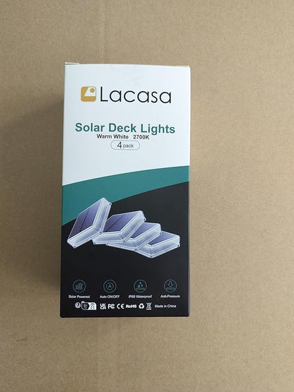Lacasa Solar Deck Lights, 4 Pack 30LM LED Dock Lights Warm White 2700K, Outdoor Solar Powered Step Lights Light up All Night IP68 Waterproof Auto ON/Off for Garden Stairs Driveway Pathway Lighting