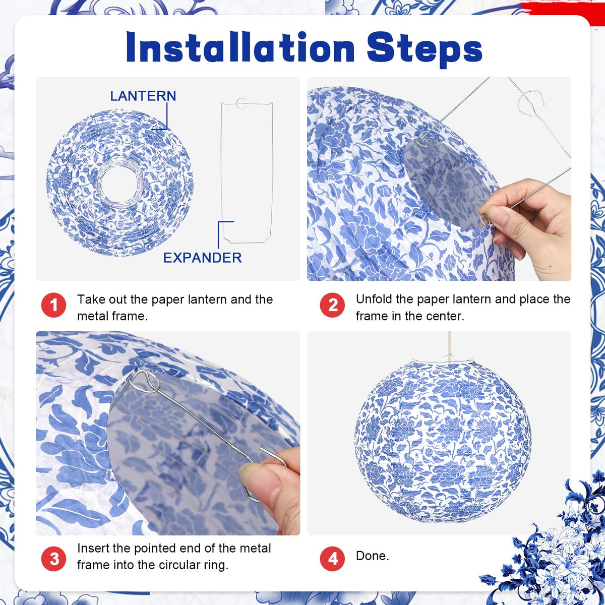 12 Inches Chinoiserie Paper Lantern Celehappy 10pcs Blue and White Porcelain Print Lantern Chinese Round Hanging Lanten for Birthday Wedding Party Ceilding Indoor Outdoor Home Decor