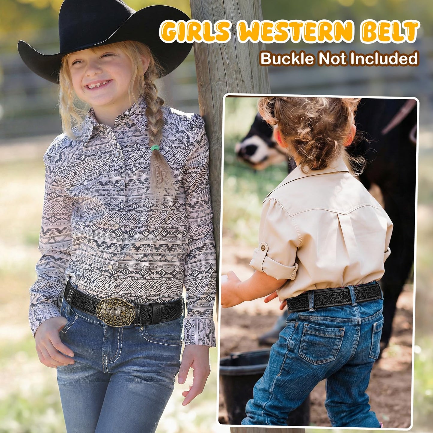 SANSTHS Kids Western Belt without Buckle Genuine Leather Boys Girls Belt Strap Cowgirl Cowboy Belts for Jeans Western Gifts, Embossed Leaf/Black