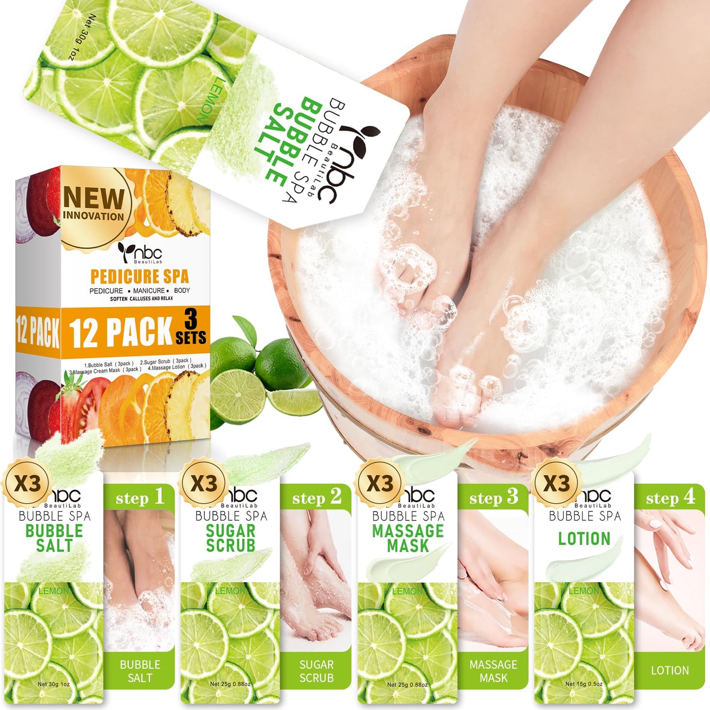 Pedicure Kit Foot Soak Set: Bubble Salt, Sugar Scrub, Massage Mask, Massage Lotion in a Box, 4 Step Foot Spa Kit for Dry Feet,Tired Feet（3 Set Tropical Fruit)