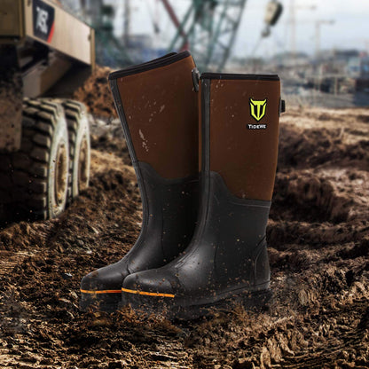 TIDEWE Rubber Work Boot for Men with Steel Toe & Shank, Waterproof Anti Slip Hunting Boot, 6mm Neoprene Hunting Boot for Manufacturing, Construction, Farming, Brown, Size 5