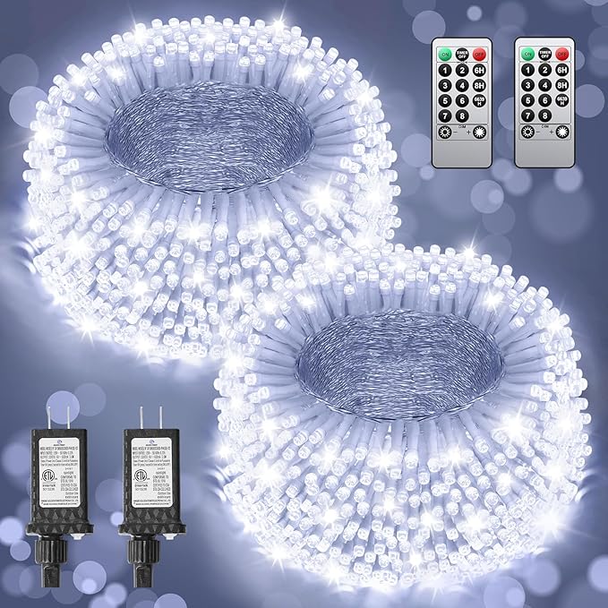 Total 710FT 1800 LED Christmas Lights, 2 Packs 900 LED Outdoor String Waterproof, Timer & Memory, 8 Modes Dimmable Plug in Fairy for Outside Tree Holiday Party Wedding Decor, Cool White