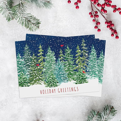 Masterpiece Snowy Evergreen Cardinal Trees Cards / 16 Boxed Holiday Note Card Set With Red Envelopes / 5 5/8" x 7 7/8" Folded Christmas Seasonal Winter New Year Greetings With Inside Verse