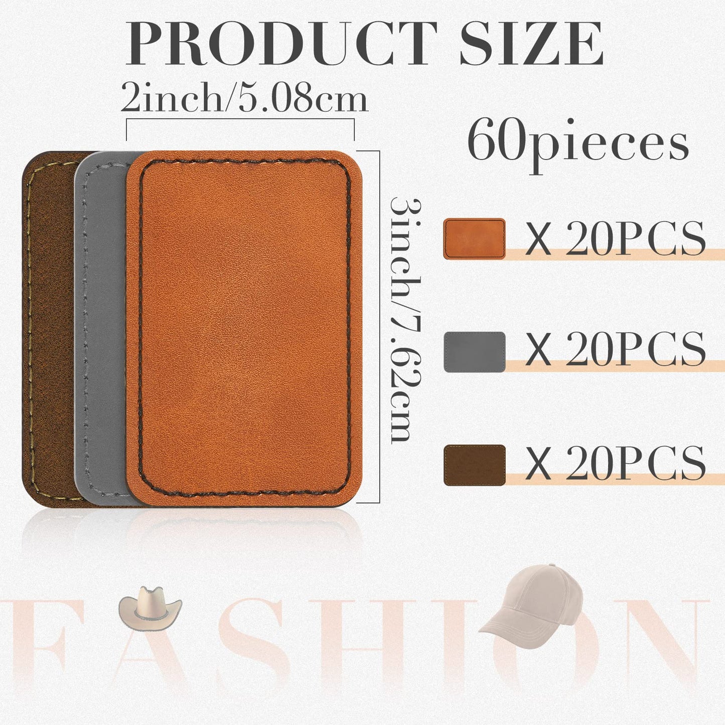 Dunzy 60 Pcs Leather Hat Patches Blank Leatherette Hat Patch with Adhesive Rectangle Laserable Leatherette Patch for Hats Custom Fabric Sew Laser Engraving DIY(Khaki, Gray, Golden Brown,3 x 2 Inch)