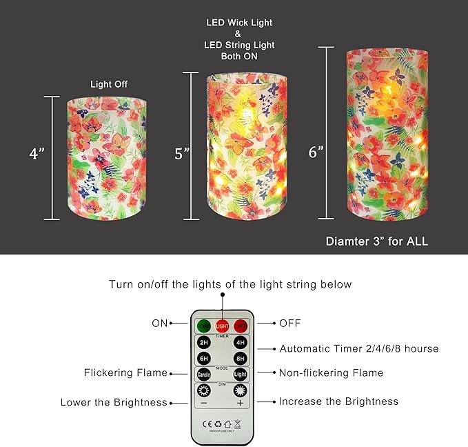 Flickering Flameless Candles Tropical Flower Print Embedded Star String Lights, Battery Operated Acrylic LED Pillar Candles with 11-Key Remote and Timer for Home Decoration, 3 Pack