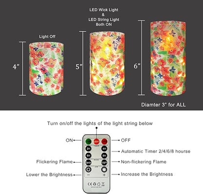 Flickering Flameless Candles Tropical Flower Print Embedded Star String Lights, Battery Operated Acrylic LED Pillar Candles with 11-Key Remote and Timer for Home Decoration, 3 Pack