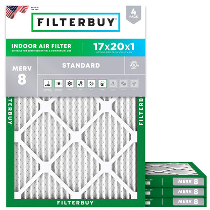 Filterbuy 17x20x1 Air Filter MERV 8 Essential Dust & Allergy Defense (4-Pack), Electrostatic Pleated HVAC AC Furnace Filters Replacement, Made in USA (Actual Size: 16.50 x 19.50 x 0.75)