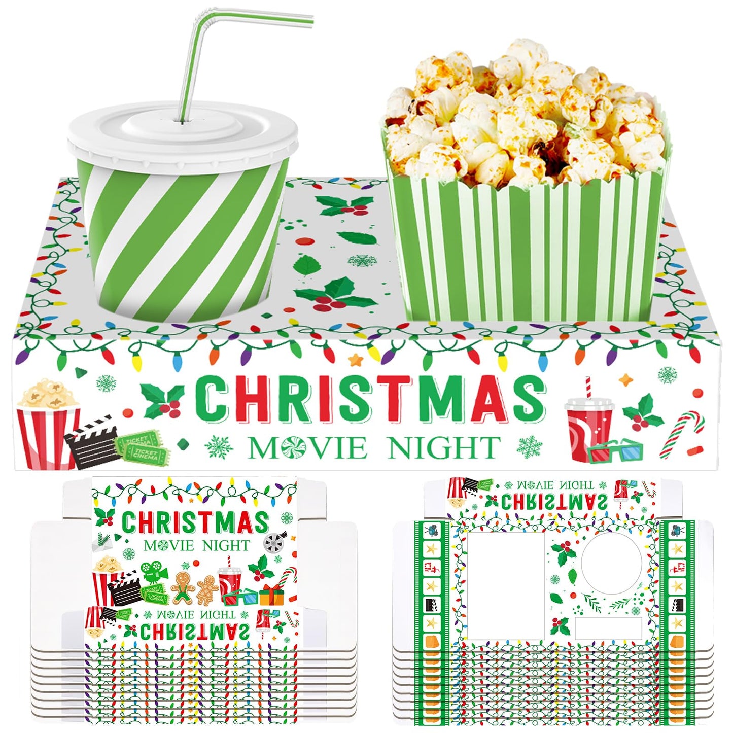 Dunzoom 20 Pcs Christmas Movie Night Supplies Movie Night Paper Snack Trays Popcorn Candy Holder Theater Snack Boxes Cardboard Holder Food Trays for Party