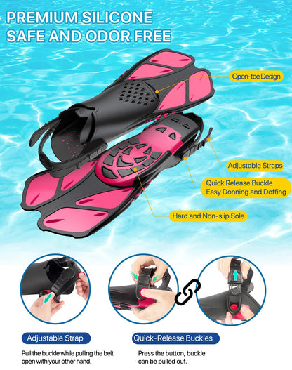 Ubekezele Snorkeling Gear for Adults Men Women,4 in 1 Snorkel Set with Panoramic View Diving Mask Anti-Fog Anti-Leak,Dry Top Snorkel,Fins and Travel Bag for Swimming,Snorkeling and Travel Diving