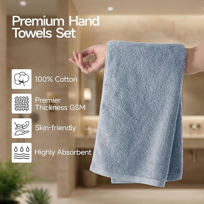 REDKISS 4-Pack Luxury Hand Towels, 16x32 Inch 450 GSM 100% Cotton, Super Soft