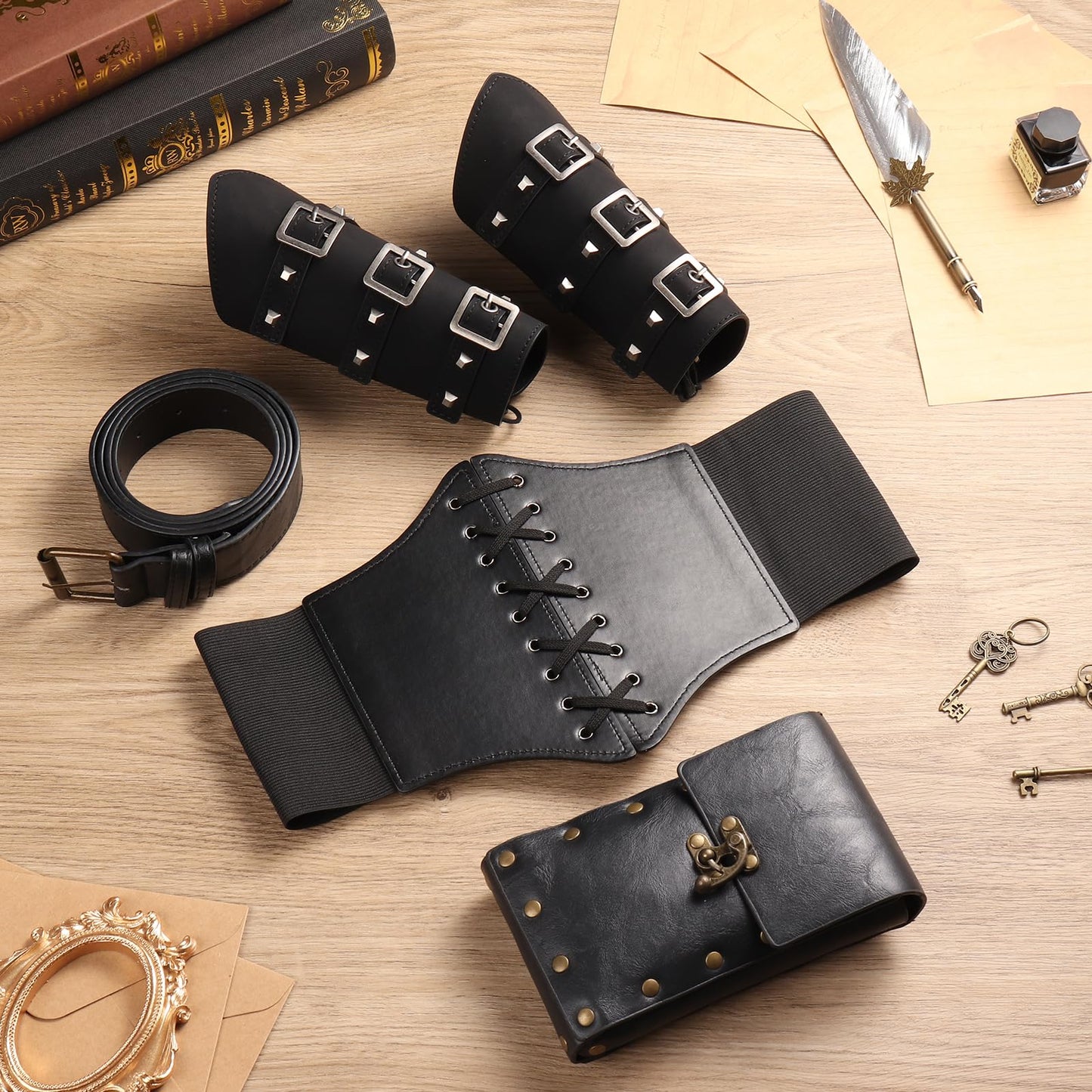 Magibag Women Renaissance Corset Belt Pouch Halloween Medieval Renaissance Costume Accessories (Black Arm Guards Set, L/Waist 32"-43")
