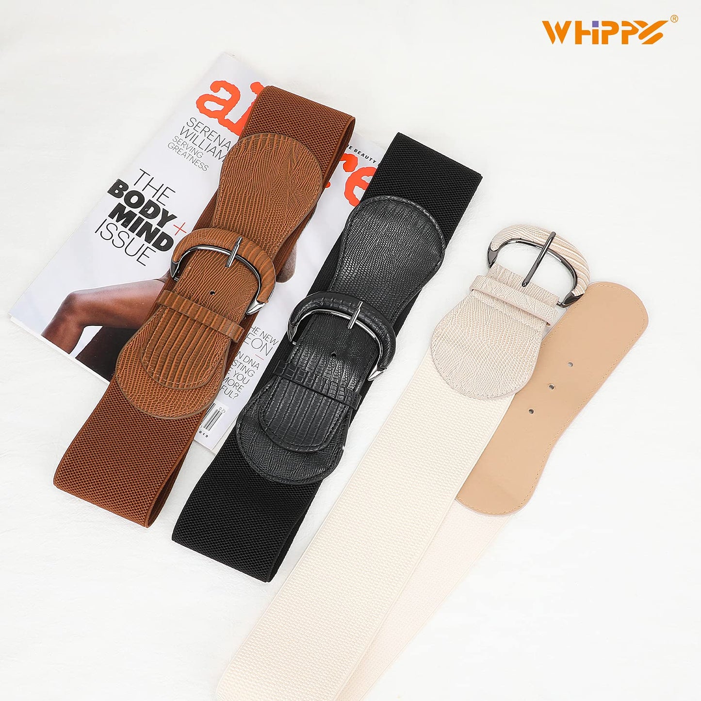 WHIPPY 3 Pack Women Wide Elastic Waist Belt Vintage Stretchy Belt Waistband for Ladies Dresses, Black/Brown/Beige, M