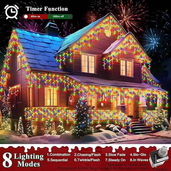 XURISEN 132ft Christmas Lights Decorations Outdoor, 1280 LED 8 Modes Fairy Lights with 240 Drops,Plug in Waterproof Timer Memory Function for Christmas Holiday Wedding Party Decorations(Multicolor)