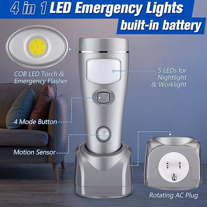 Enhon 4 Pack Rechargeable 4-in-1 LED Emergency Lights, Plug-in Flashlights with Motion Sensor Night Light, Auto-On Power Failure Light for Home, Hurricane, and Outage Supplies