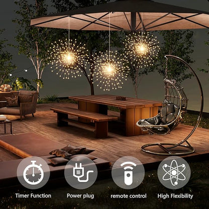 3 Pack 600 LED Plug-in Starburst Lights, Firework Light 8 Modes Dimmable Remote Control Waterproof Hanging Fairy Lights, Copper Wire Light for Patio Party Tent Halloween Christmas Decor (Warm White)