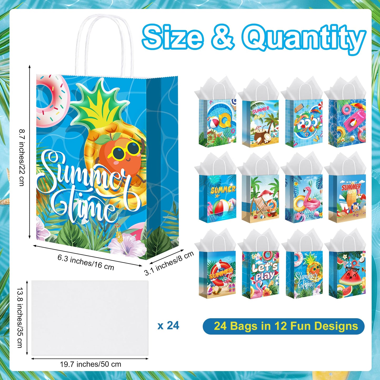 MIMIND Summer Beach Party Paper Bags with Tissue Paper 48 Pack Pool Kraft Goodie Candy Gift Treat Bags with Handles for Summer Luau Tropical Beach Party Favors Supplies