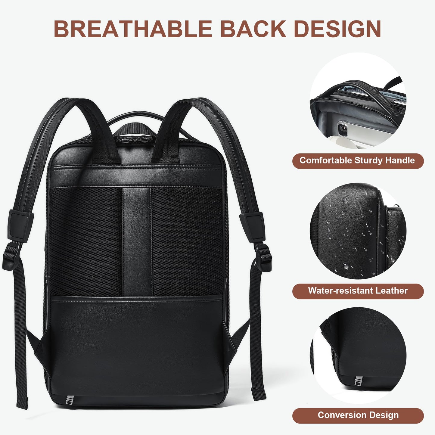 Shrrie Leather Laptop Backpack for Women and Men,28 L Travel Backpack Computer Bag Fits 16 inch Laptop,Expandable Casual Daypack with USB Charging Port for Work Business Weekender College,Black