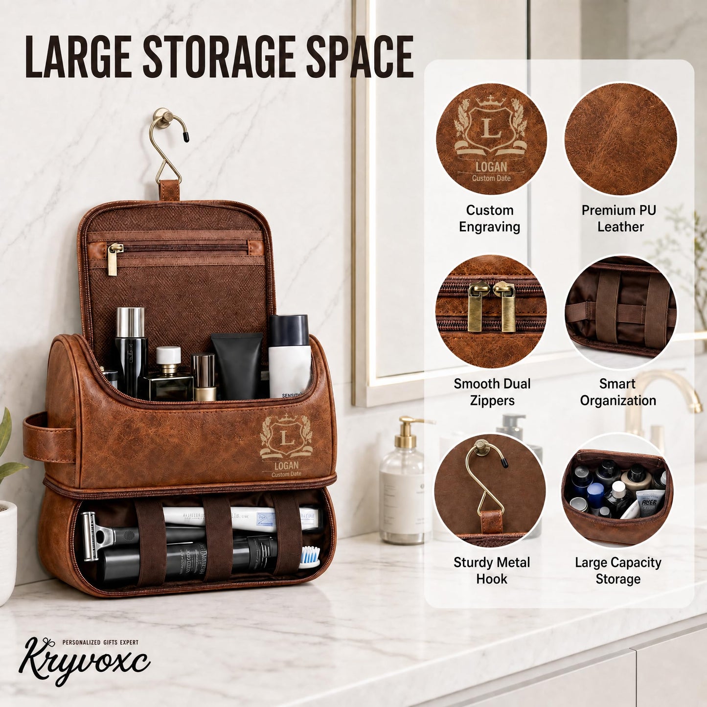 VBAIFAyy Personalized Leather Toiletry Bag for Men, Custom Engraved Hanging Dopp Kit with Name, Waterproof Travel Shaving Organizer, Durable Multi-Pocket Gift for Dad Husband Uncle Groomsmen Christmas