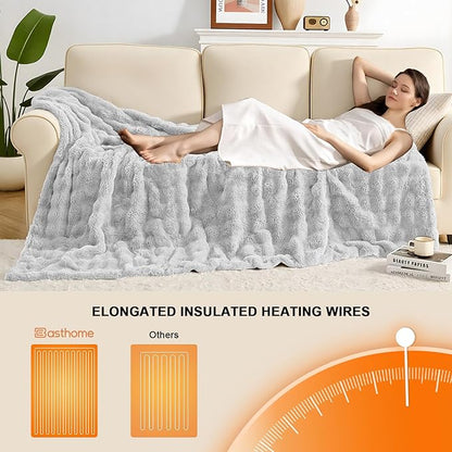 Heated Blanket Electric Throw Blanket 50''X 60''-Heating Blanket with 6 Heat Settings-4 Hours Auto Off,Cozy Faux Rabbit Fur Bubble Electric Blanket,Light Gray