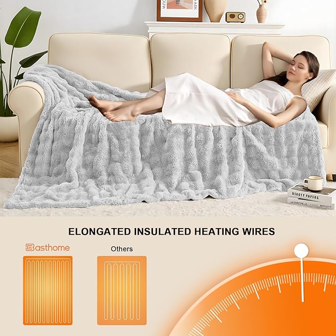 Heated Blanket Electric Throw Blanket 84''X 90''-Heating Blanket with 6 Heat Settings-10 Hours Auto Off,Cozy Faux Rabbit Fur Bubble Electric Blanket,Light Gray