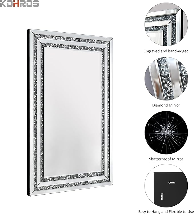 KOHROS Crystal Crush Diamond Rectangle Silver Mirror for Wall Decoration 48x32inch Frameless Wall Mirror Acrylic Diamond Decor Vertically or Horizontally Hanging