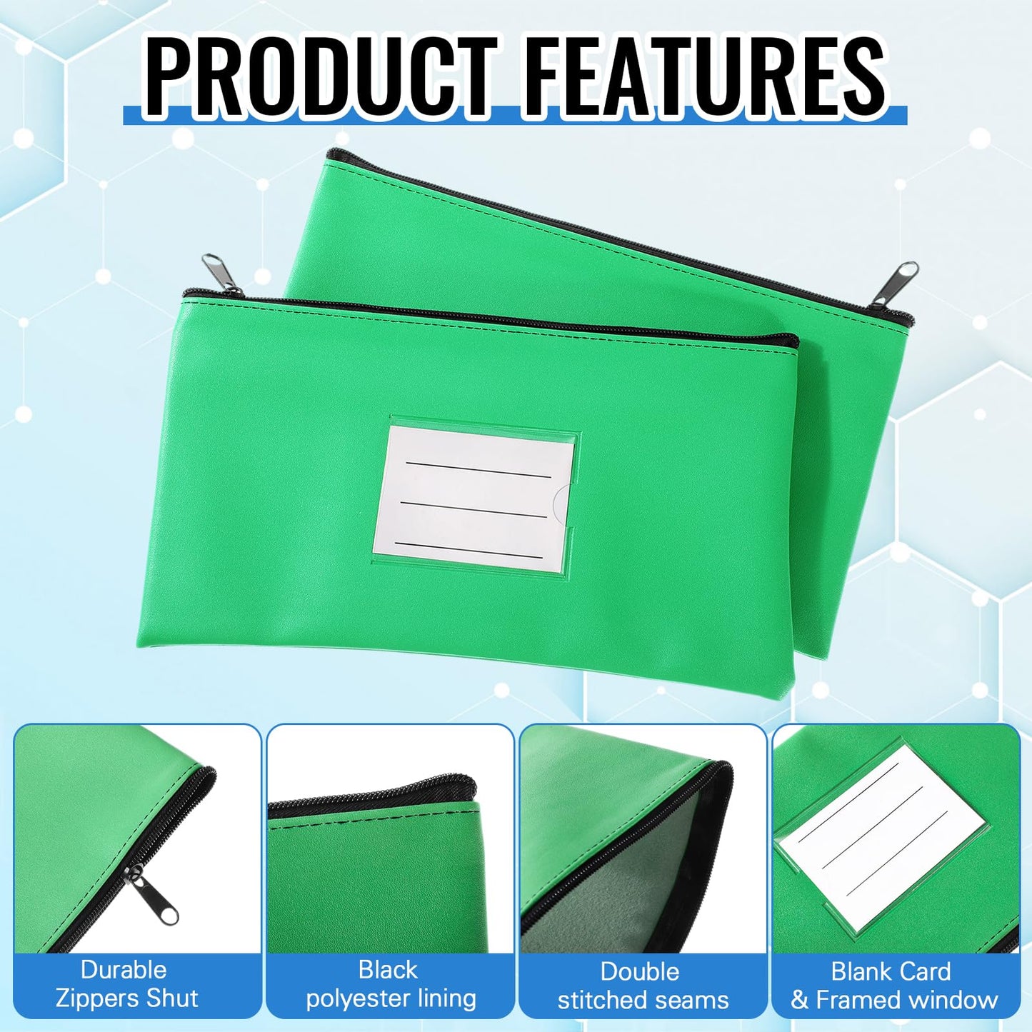Paterr 6 Pcs Money Bags with Zipper PU Leather Deposit Bank Bag Security Money Pouch Receipt Holder Bank Pouch Wallet with Label for Cash Coin Makeup Cosmetics Bills Tickets, 11 x 6 Inch(Agate Green)