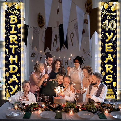 40th Birthday Party Banner Lighted Decorations for Women Men 40 Year Old Lighted Door Banners Black Gold Cheers to 40 Years 1985 Birthday Party Supplies Porch Sign with LED Light for Outside Decor