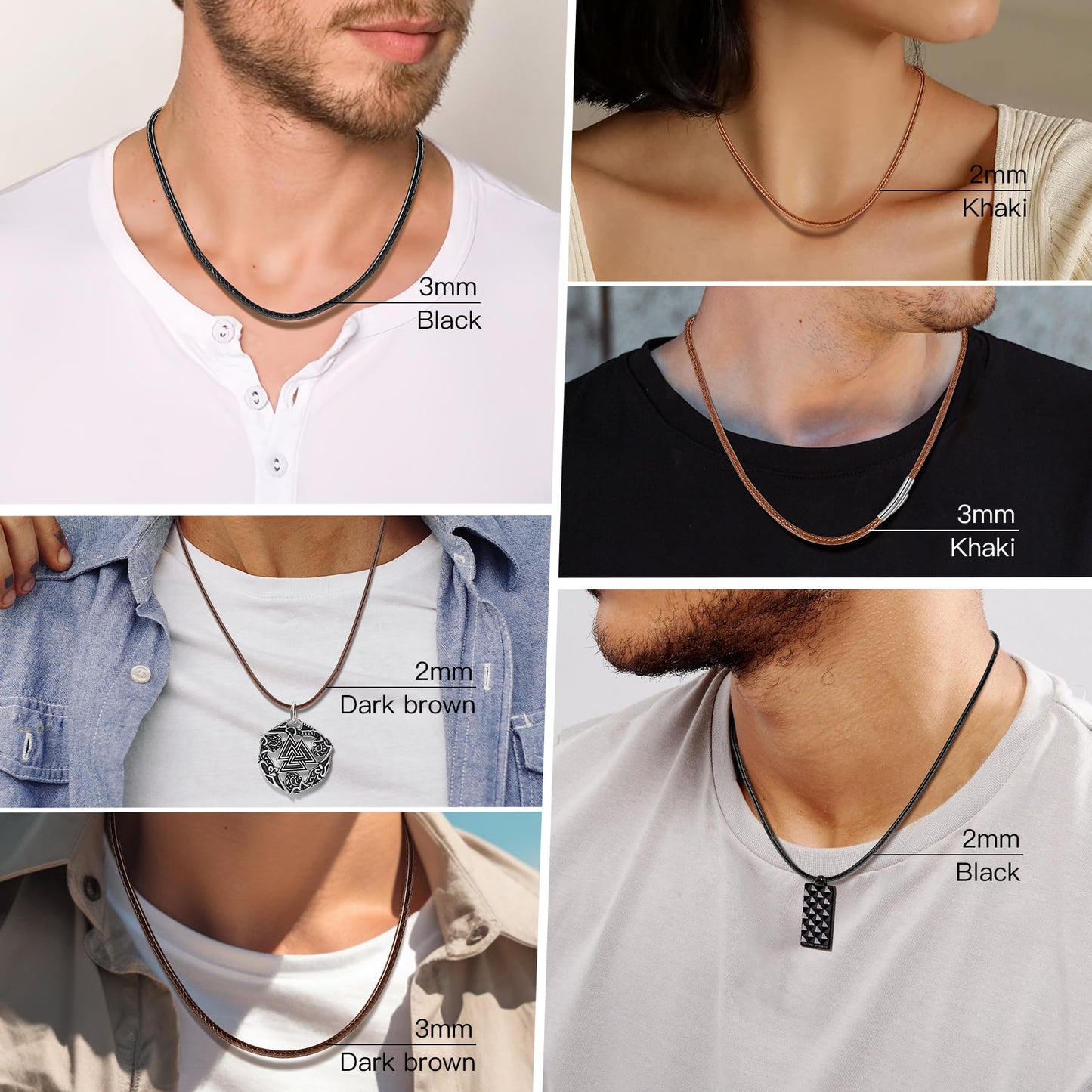 Oaldilee Mens Brown String Necklace Cord Leather Chain 3mm 22 Inch Braided Rope Jewellery Mens Waterproof Chain with Stainless Steel Clasp