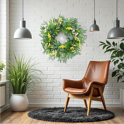 Artificial Green Eucalyptus Wreath for Front Door: 24 Inch Summer Wreaths for Indoor and Outdoor Decor, Large Boxwood Wreath for All Seasons, Spring Greenery Wreaths for Indoor/Outdoor Decorations