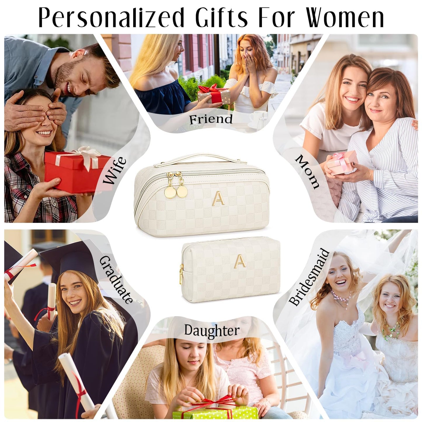 CLOUDWINGS Personalized Birthday Gifts for Women - Initial Makeup Bag Waterproof Travel Makeup Organizer with Compartments PU Leather Cosmetic Travel Toiletry Bag (CheckeredBeige,A)