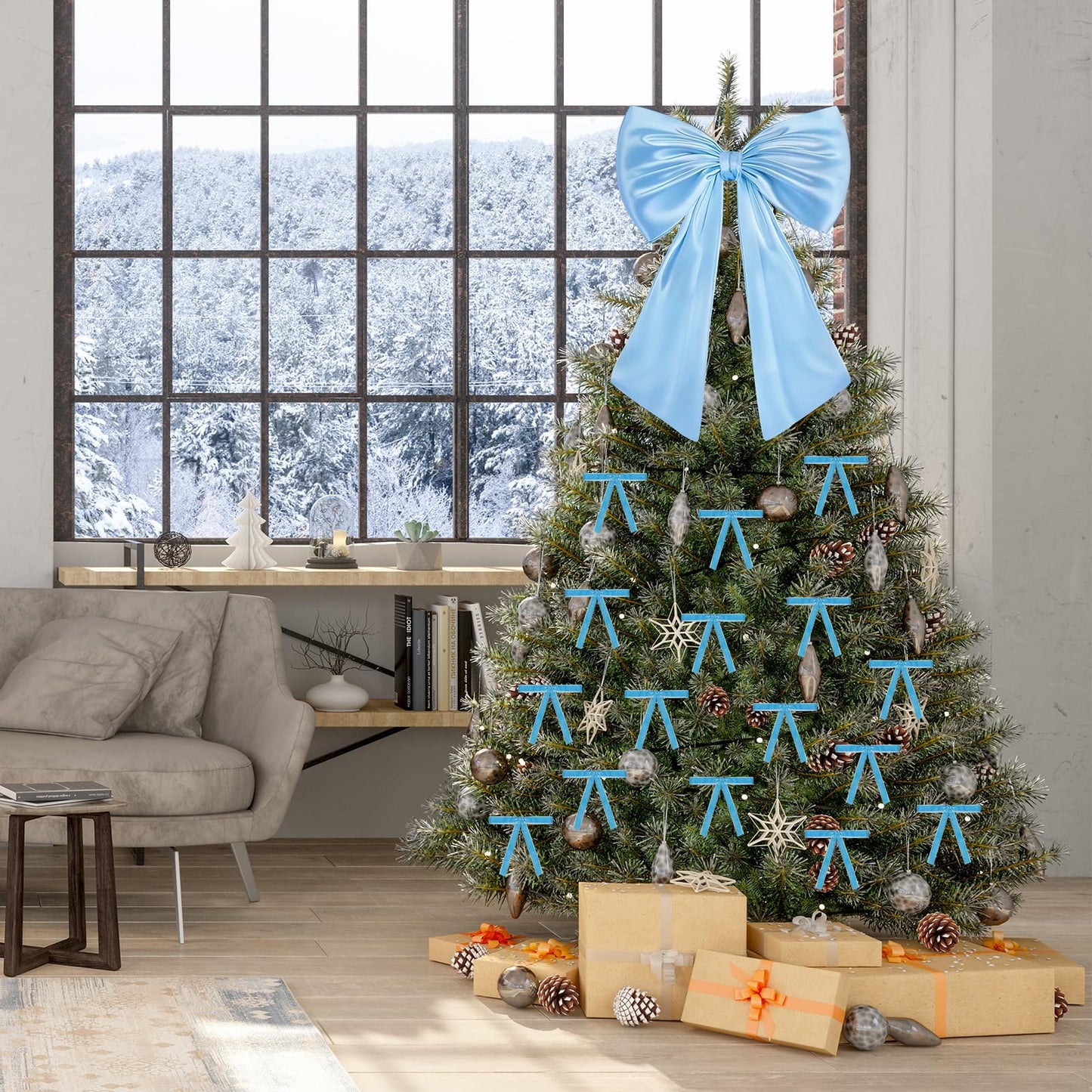 17x23 Inch Large Blue Bow for Christmas Tree Topper Christmas Tree Decoration Set: 24 Small Velvet Bows, 1 Pcs Big Tree Topper Bow, 3000 Strands of Tinsel Icicles for Holiday Decor (Blue)