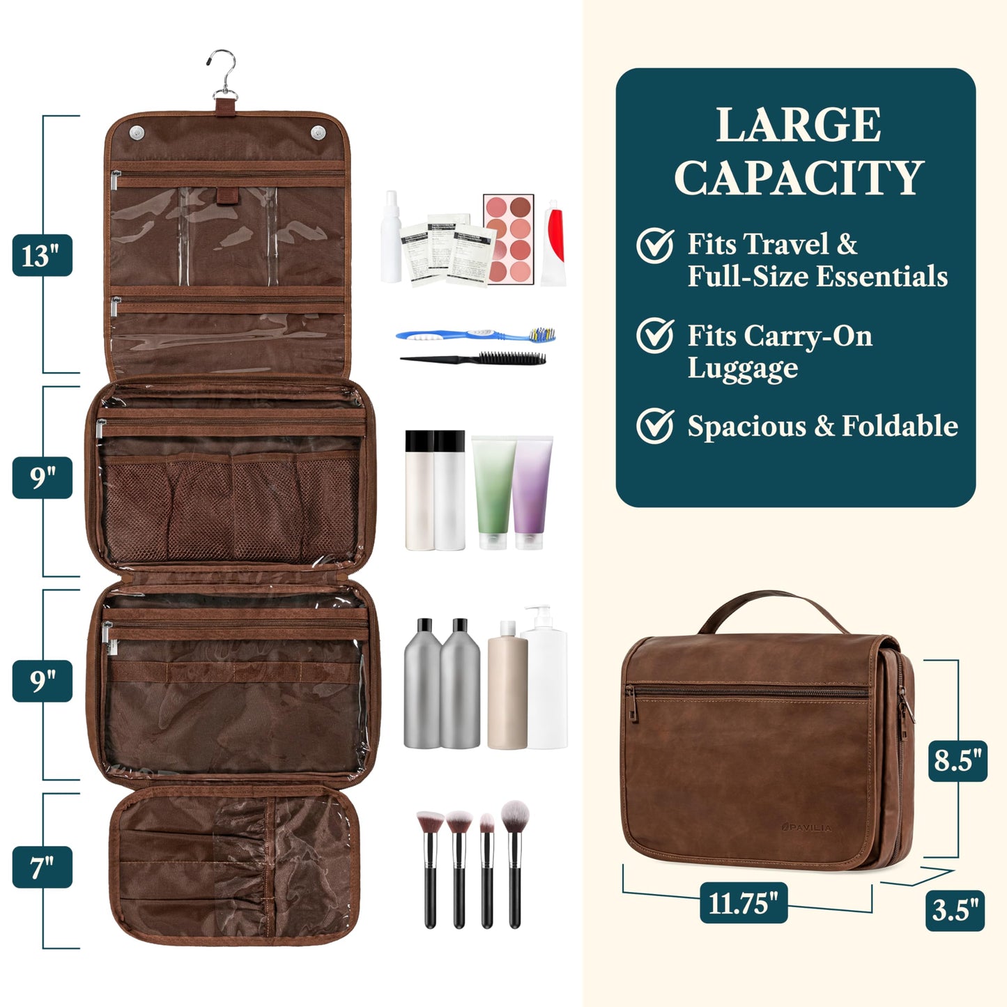 PAVILIA Hanging Toiletry Bag Women Men, Foldable Cosmetic Organizer Travel Bag, Water Resistant Makeup Bag Toiletries, Large Travel Essentials Kit (Dark Brown)