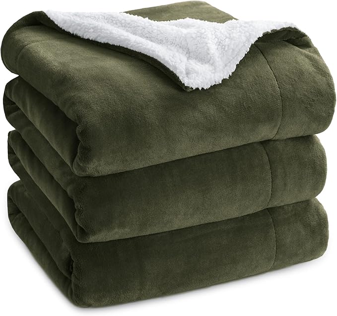 Bedsure GentleSoft Sherpa Fleece Blankets Queen Size for Bed - Thick and Warm Throw for Men, Soft Fuzzy Plush Queen Blanket for Winter, Olive Green, 90x90 Inches