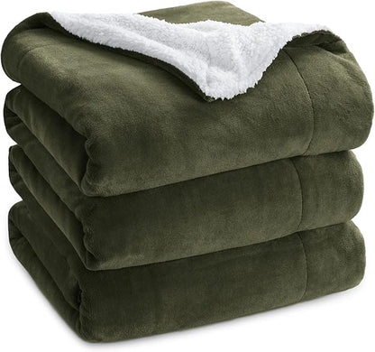Bedsure GentleSoft Sherpa Fleece Blankets Queen Size for Bed - Thick and Warm Throw for Men, Soft Fuzzy Plush Queen Blanket for Winter, Olive Green, 90x90 Inches