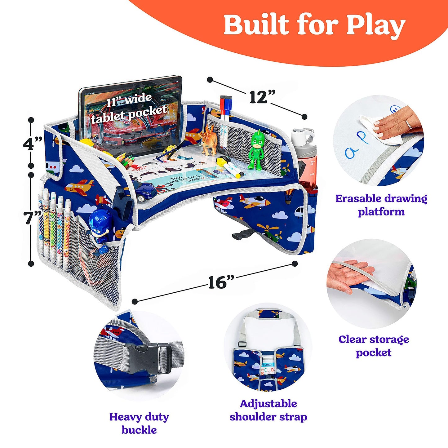 PILLANI Kids Travel Tray for Car - Toddler Airplane Travel Essentials w/ Activity Sheets, Pens & Dry Erase Board - Kids Travel - Must Have Toddler Lap Desk Organizer for Airplane - Travel Accessories