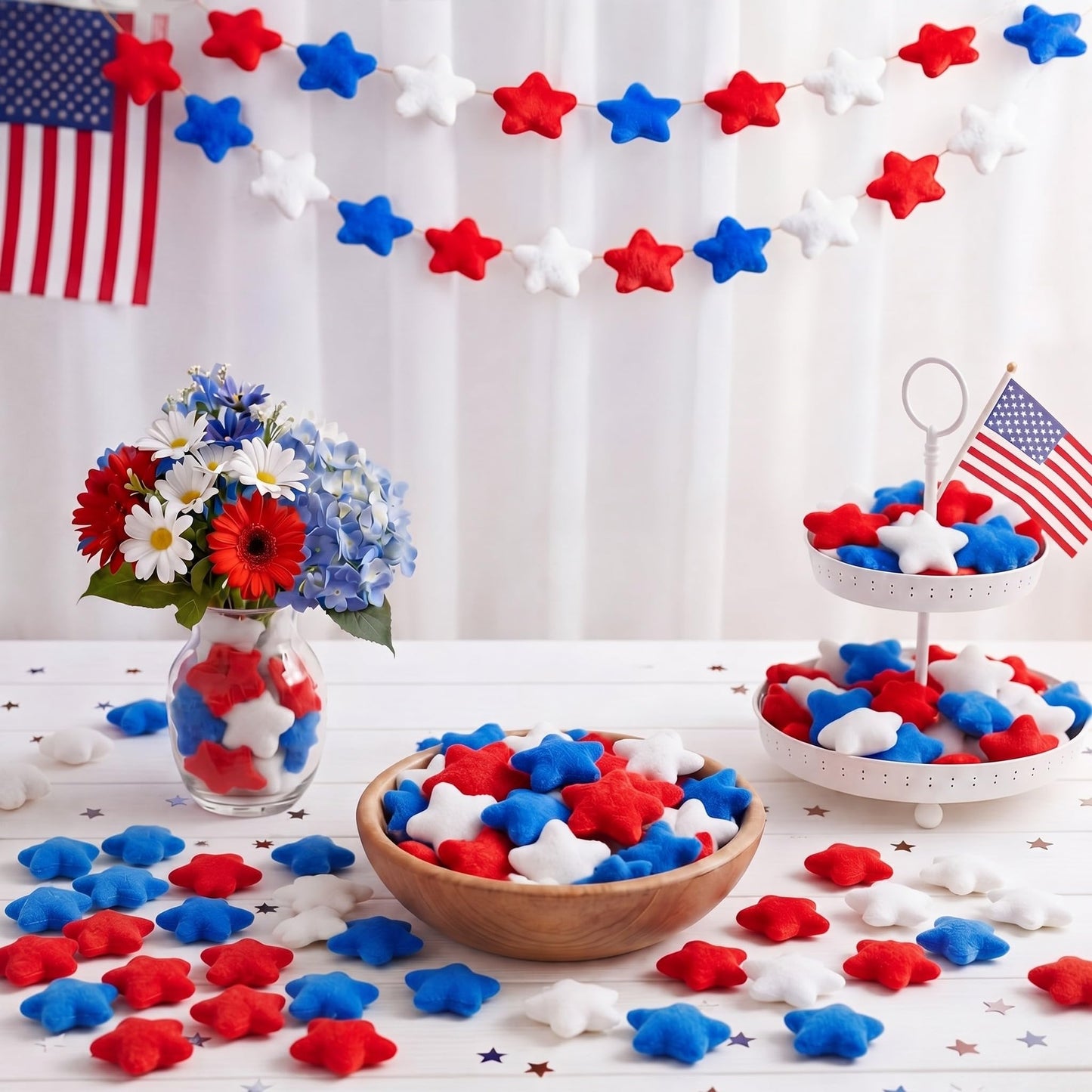 Teyva Daily 120 Pcs 4th of July Patriotic Plush Star Decorations Red White Blue Star Vase Filler for Independence Day, Memorial Day, Bowl Filler Tiered Tray Wreath Craft Table Scatter(2.36 Inches)