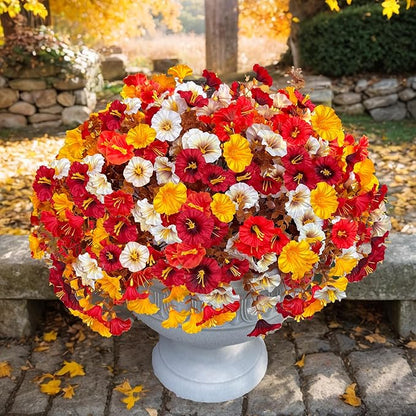 Artificial Fall Flowers for Outdoor, Fake Petunias Plants, Faux Flower, Fake Mums, 4PCS Fall Outdoor Decoration, UV Resistant, Silk Morning Glorias, for Home Garden Porch Planter (Deep Autumn)