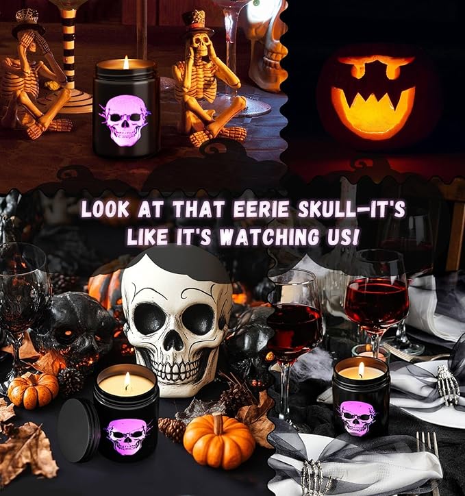 Halloween Decor Indoor-Halloween Gifts Candles with LED Skull Face, Leather Candle for Men Over 40 Hours of Burn Time, Gift for Husband, Friends, Home Decorations Indoor, 100% Soy Wax