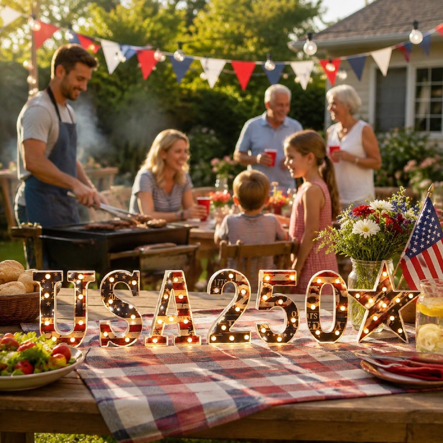 7 Pcs 8.5" USA 250th Anniversary Light Up Marquee Letters Sign, 1776–2026 American Flag Large LED Letters, Patriotic 4th of July Independence Day Decorations for Home Decor, Table Centerpiece & Party