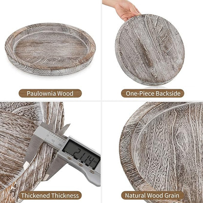 Hanobe Rustic Wooden Serving Tray Set of 2 Round Wood Butler Decorative Tray Whitewash Centerpiece Candle Holder Trays Farmhouse Ottoman Tray for Decor Kitchen Counter Home Decor for Coffee Table