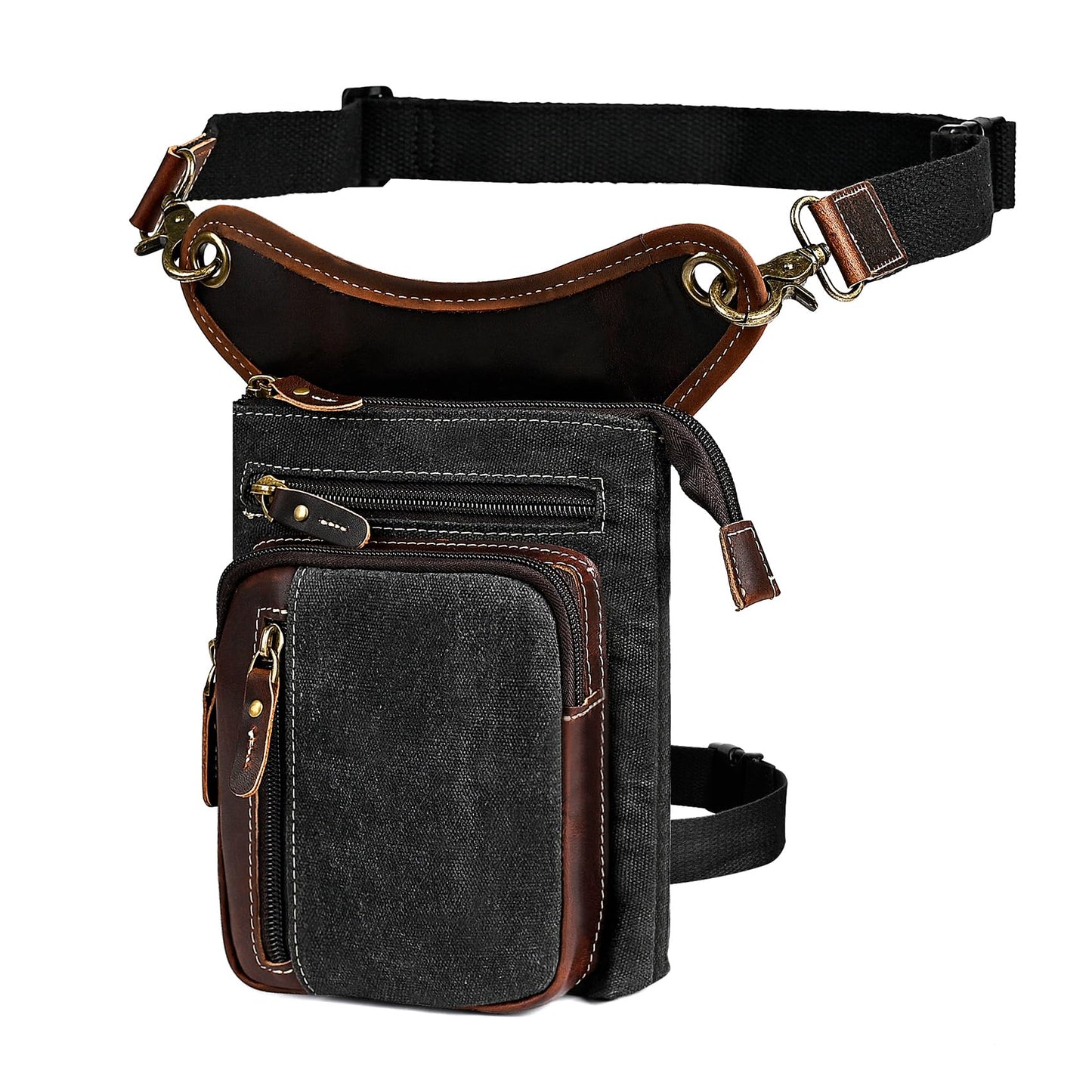 Handadsume Water Resistant Canvas + Leather Motorcycle Fanny Waist Pack One Shoulder Drop Leg Thigh Bag For Men Women FB211-6 (Z-211-11-Black)