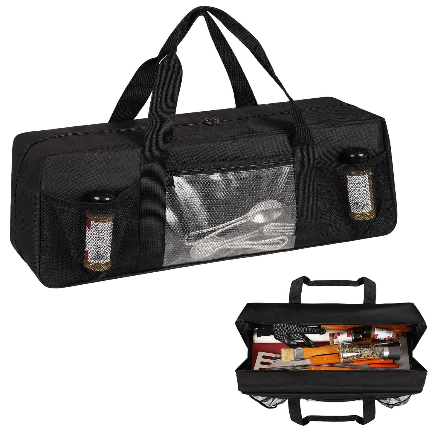 Frjjthchy Grill Tool Storage Bag, Large Grill Utensil Storage Caddy with Pockets, Portable Grill Accessory Storage Bag for Outdoor Camping & BBQ (Black)