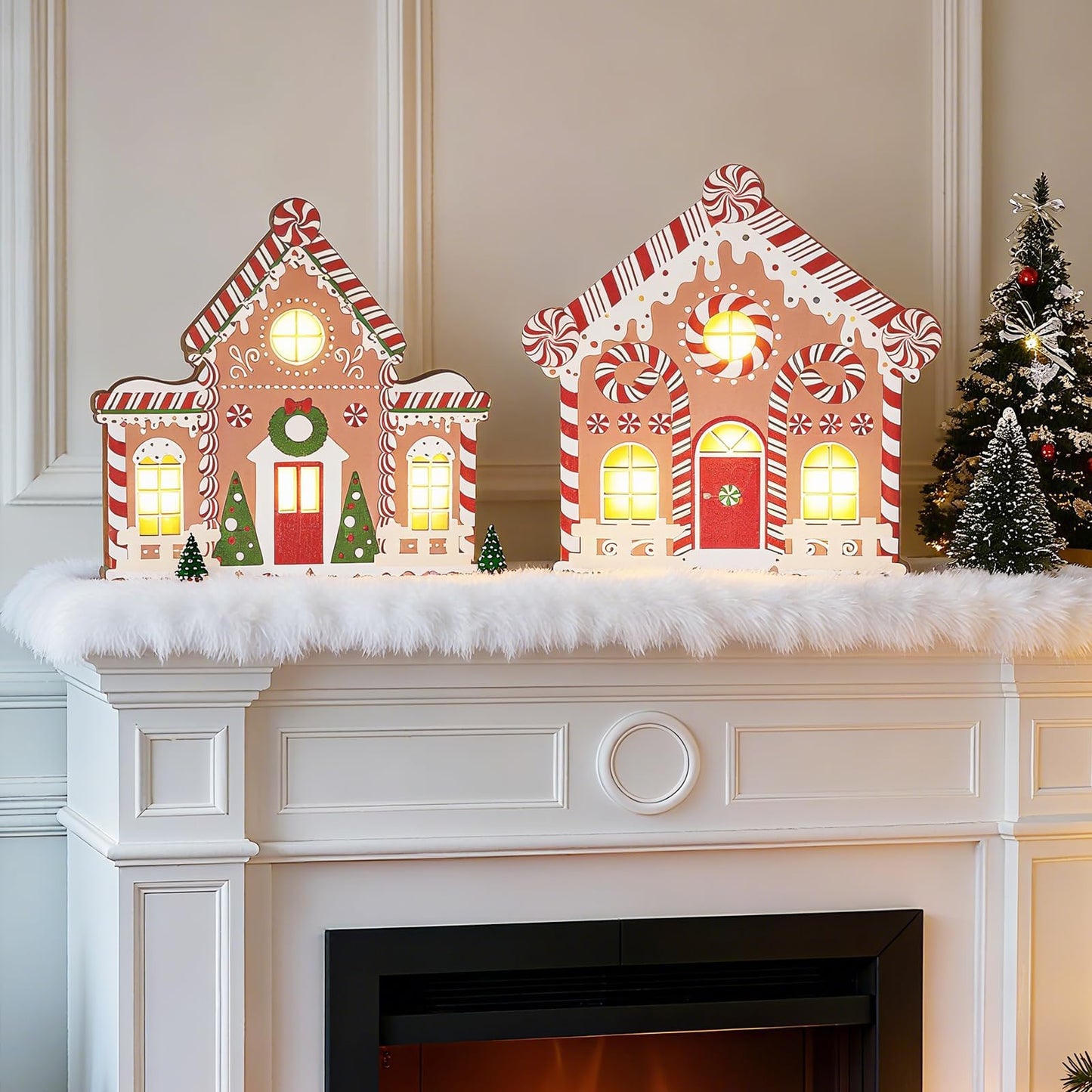 APUDWN 2 Pcs Lighted Gingerbread House Christmas Decorations, Lighted Wooden Village Set Centerpieces Battery Operated LED Gingerbread Decor for Home, Kitchen, Mantel, or Shelf Display, Gifts for Xmas