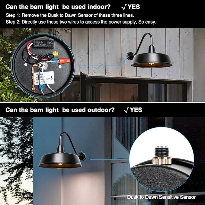 Gooseneck Barn-Lights Outdoor Fixture - 18 inch Farm Style Black Large Lighting Farmhouse Exterior Sconce Wall Light for House, Dusk to Dawn Sensor Front Door Porch Garage (18 inch)