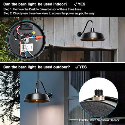Gooseneck Barn-Lights Outdoor Fixture - 18 inch Farm Style Black Large Lighting Farmhouse Exterior Sconce Wall Light for House, Dusk to Dawn Sensor Front Door Porch Garage (18 inch)