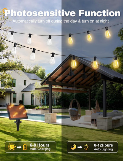 Tenmiro 120FT Solar Outdoor String Lights with Remote and 32+2 LED Shatterproof Bulbs Dimmable & Timing 3 Light Modes Solar Patio String Lights for Cafe, Garden, Deck, Outside Wedding Last for 10+Hrs