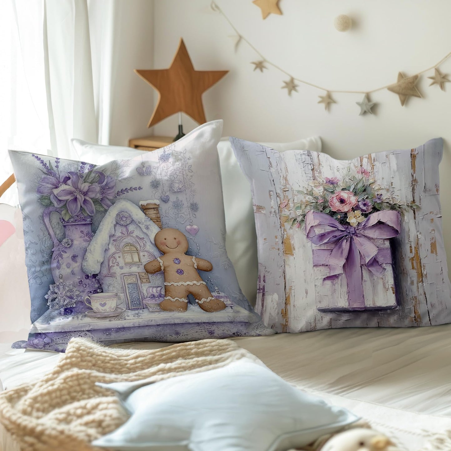 Yorhifa Purple Christmas Pillow Covers 18x18 Inches Set of 4, Christmas Home Decor, Preppy Xmas Santa Snowman Decorative Pillowcase Cases, Winter Throw Pillow Covers for Couch Sofa Bed Home Room Decor